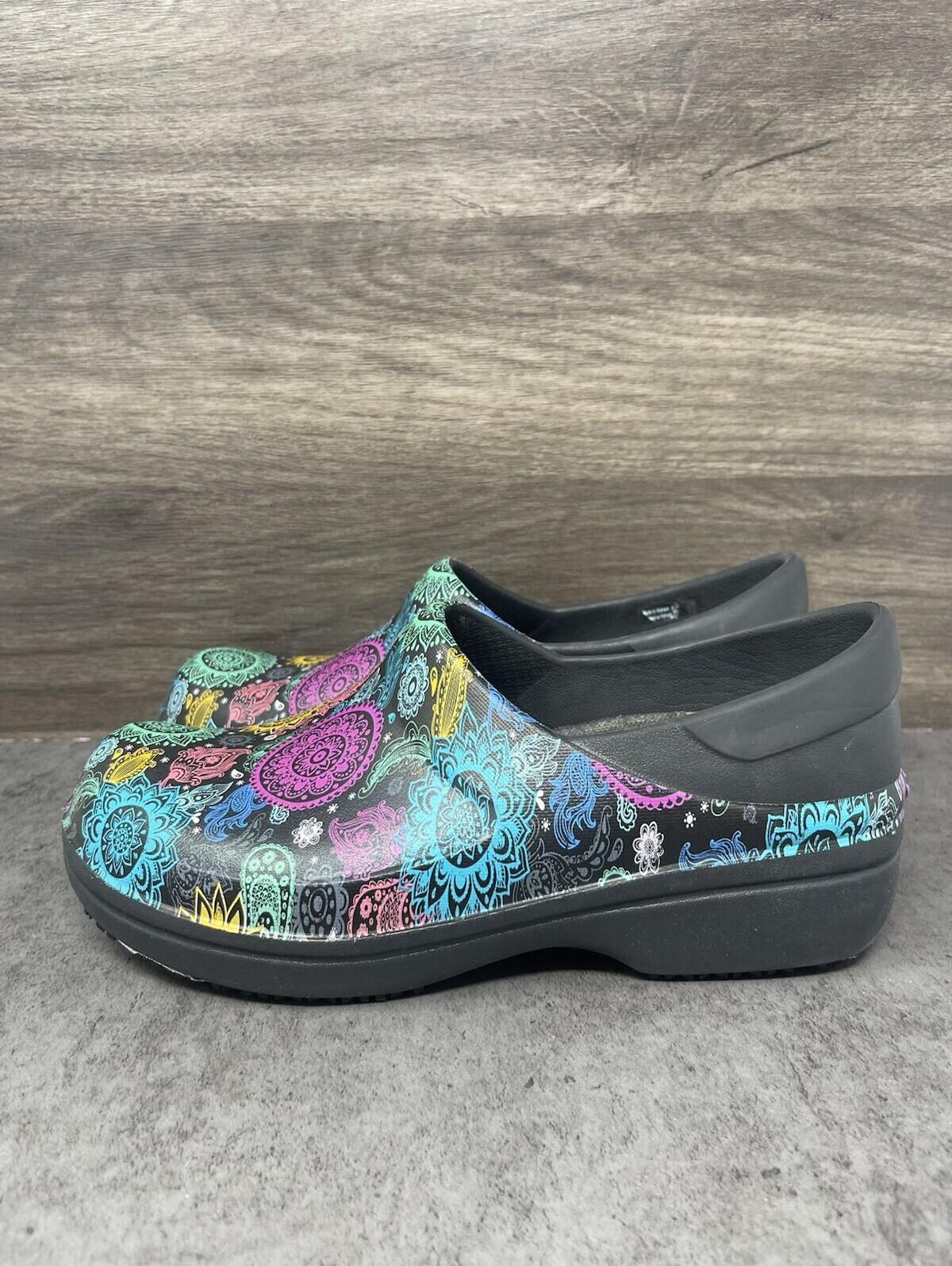 Crocs Neria Pro Clogs Womens Size 8 Black Floral Multicolor Slip On Shoes